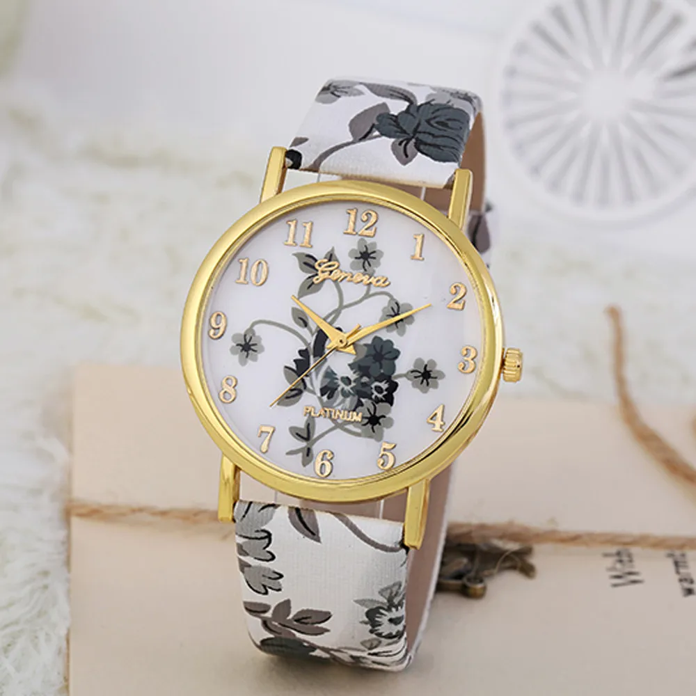 

Hot Geneva Women Watch Luxury Brand Flower Print PU Leather Ladies Watches Dress Quartz Watch Bayan Kol Saati Montre Femme #W