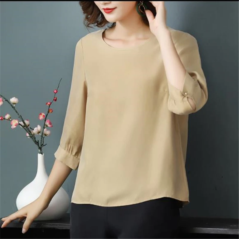 

Woman Summer Plus Size Solid Short Sleeve O-neck 35% Silk Shirts Female Spring Fall Oversized Hedging Fold Slim Silk Blouse