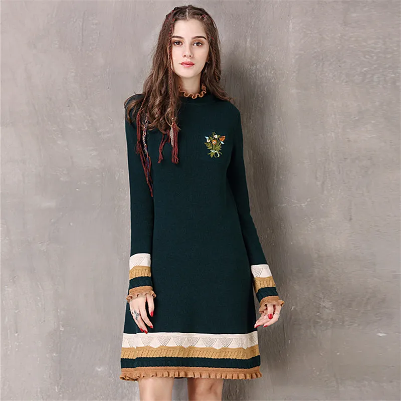 

Vintage Winter Sweater Dress Women Green Casual Elasticity Cotton Dresses Autumn Knitting Ruffles-Neck Long Sleeve Dresses