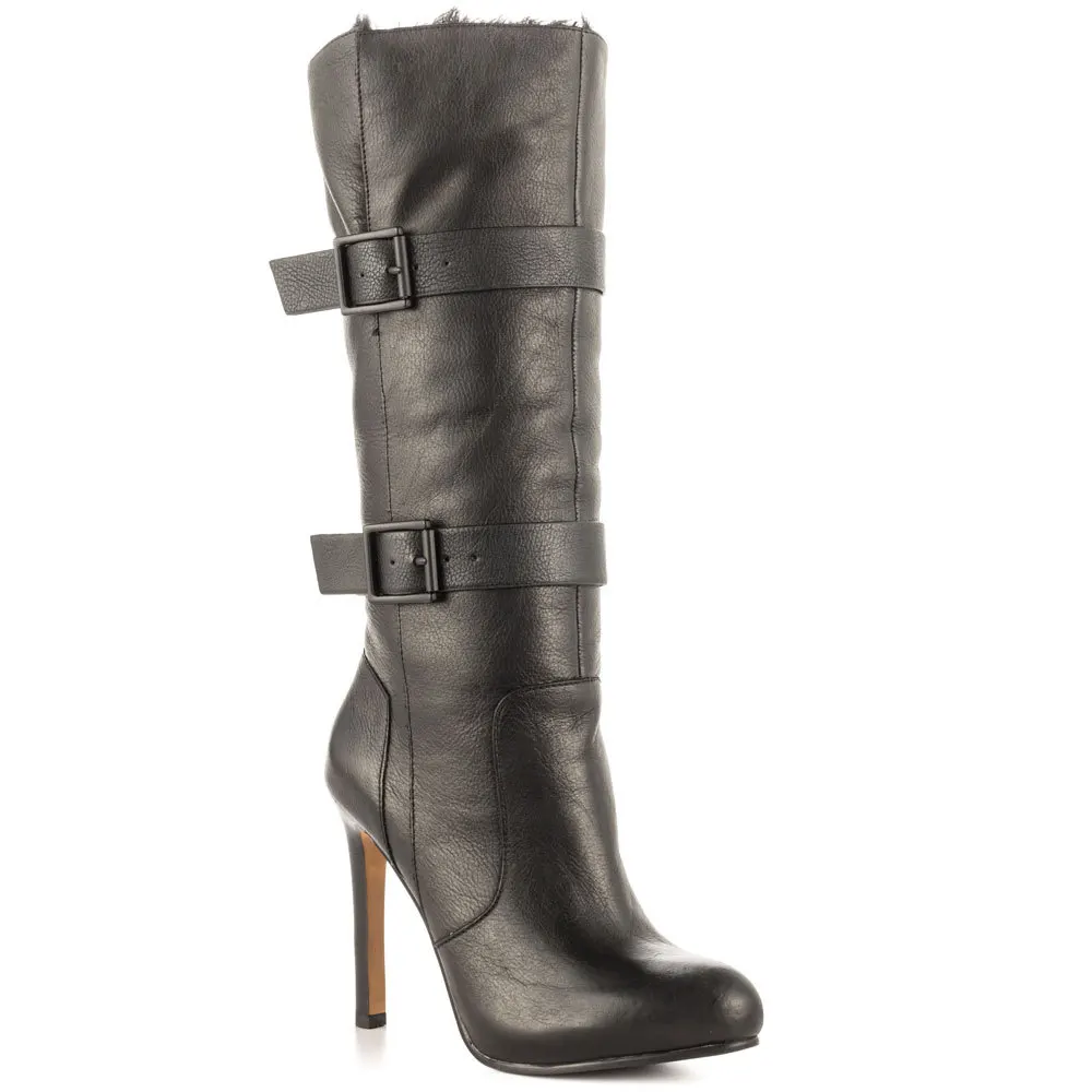 Black Knee High Woman Boots Winter Boots High Heel Soft Leather Handmade Ladies Round Toe botas 2015 Made-to-order
