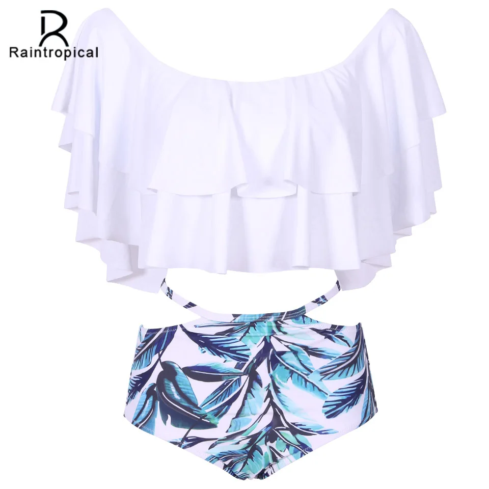 

Raintropical Bikini High Waist Swimsuit 2019 New Ruffle Vintage Bikinis Women Swimwear Bandeau Solid Print Bottom Bathing Suits