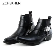 Мужские ботильоны в британском стиле панк; мужские ковбойские ботинки «Челси» с острым носком и металлической цепочкой в стиле милитари; крутая Мужская обувь с высоким берцем и ремешком