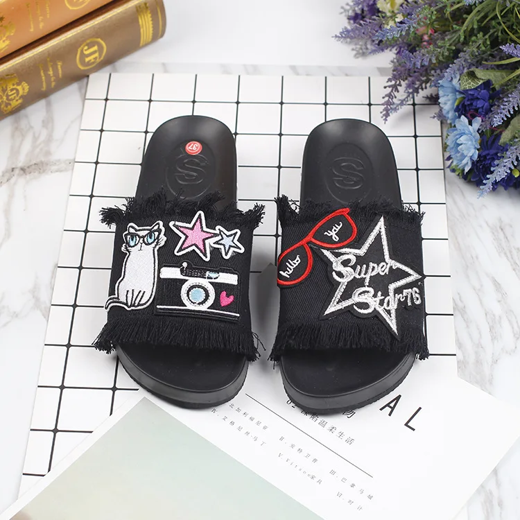 2019 Summer New Embroidery Womens Black Open Toe Slippers Tassel Denim Discount Womens Casual Shoes51