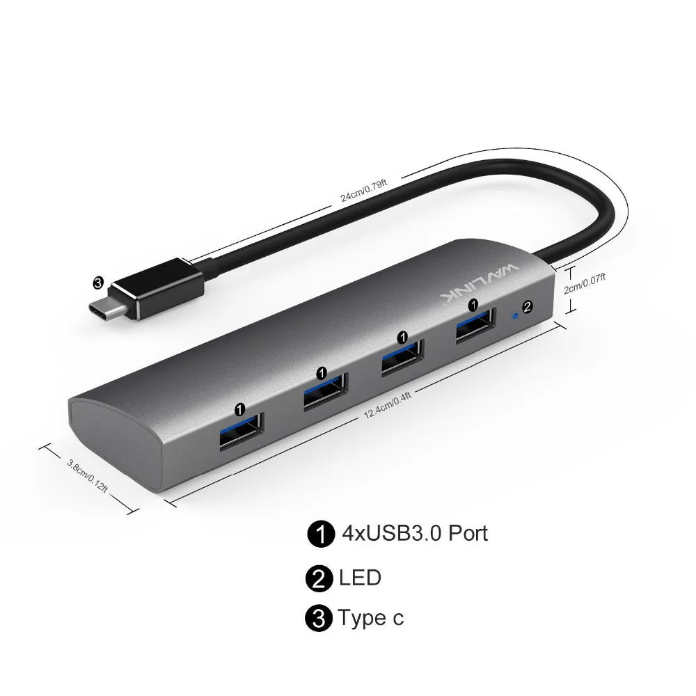 Алюминиевый концентратор USB 3 0 Wavlink 4 порта адаптер Type C с зарядным портом для MacBook