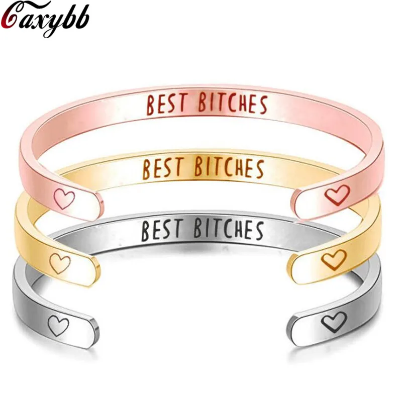 

17 Styles Best Bitches Engraved 316L Stainless Steel Bracelet Women Friendship Cuff Open Bangle Pulseira For Girl Gift