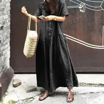 

Summer Long Dress 2020 Celmia Women Casual Button Short Sleeve Solid Maxi Sundress Loose Beach Vestidos Plus Size Robe Femme 5XL
