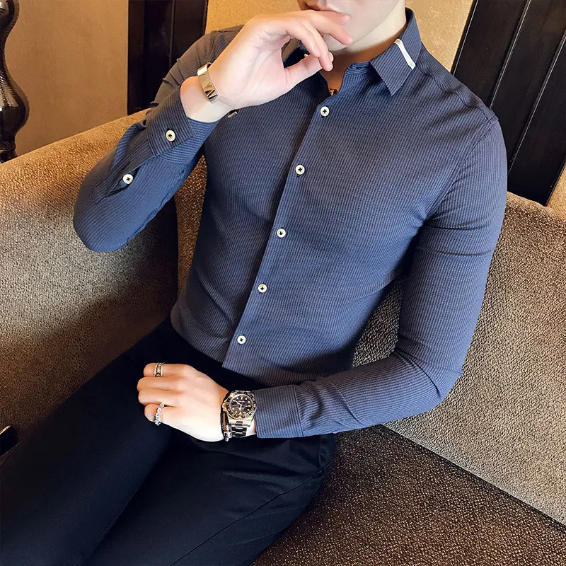

2019 spring new British long-sleeved shirt men's self-cultivation shirt men's tide striped shirt Hong Kong wave