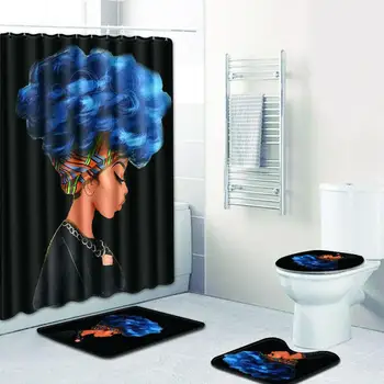 

HobbyLane 4pcs/set Creative African Women Printing Toilet Pad Cover Bath Mat Floor Mat Shower Curtain Set