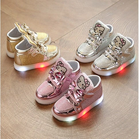 2 Ready Stock LED Shoes Light Up Kids Sneakers Hello Kitty Children Girl Leisure Cat Spring Toddler Girls' Casual Shoes Size 26-30