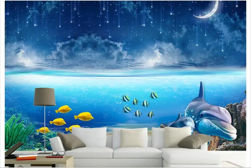 

Customzed photo wallpapers 3d kids wallpaper Underwater Moon Under the Sea World Dolphin 3D Sofa Living Room TV Background wall