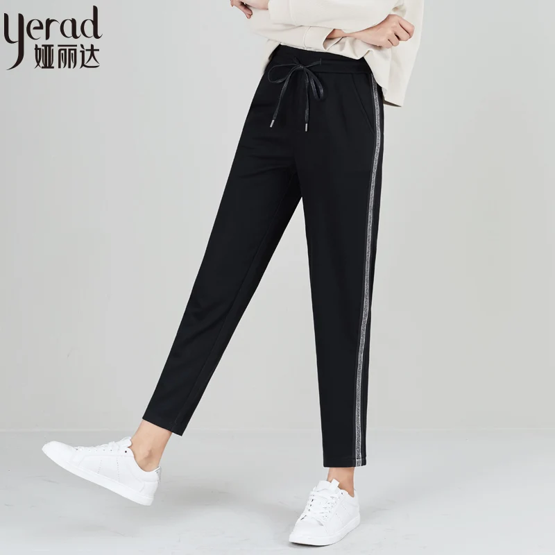 

YERAD Women Harem Pants Elastic Waist Drawstring Trousers Casual Loose Workout Black Striped Sporting Pants
