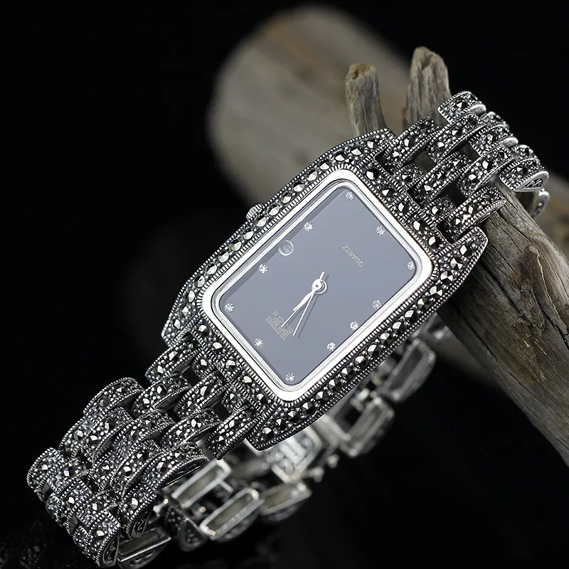 Женские Новые Ограниченная серия Классические Элегантные S925 серебряные чистые тайские серебряные женские часы браслет тайские квадратные Стразы браслет
