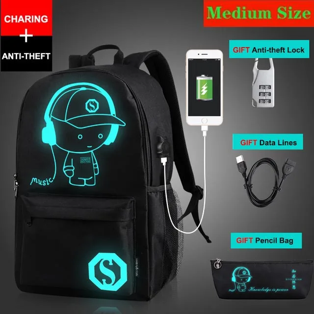 Аниме светящийся школьный рюкзак для мальчика, студенческий рюкзак на плечо до 15,6 дюймов с usb зарядным портом и замком, школьная сумка черного цвета - Цвет: music medium size