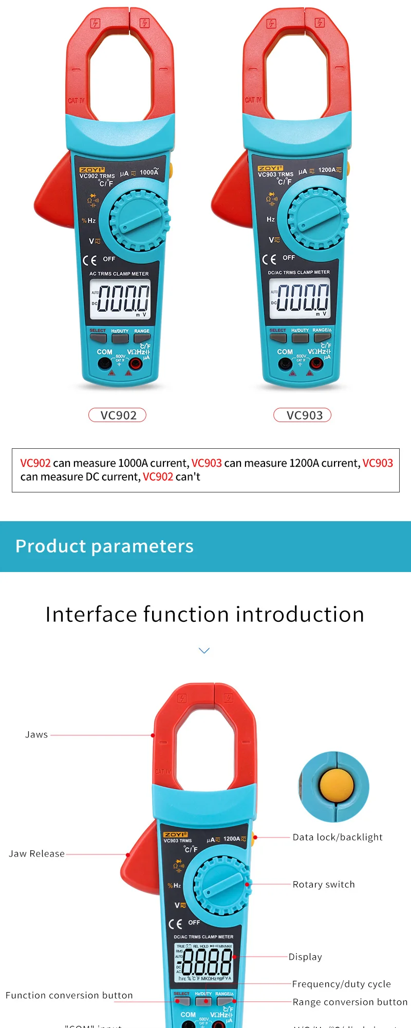 VC903 VC902 True RMS Цифровой токоизмерительный клещи Ток переменного / постоянного тока Автоматический диапазон Сопротивление емкости Высокоточный мультиметр