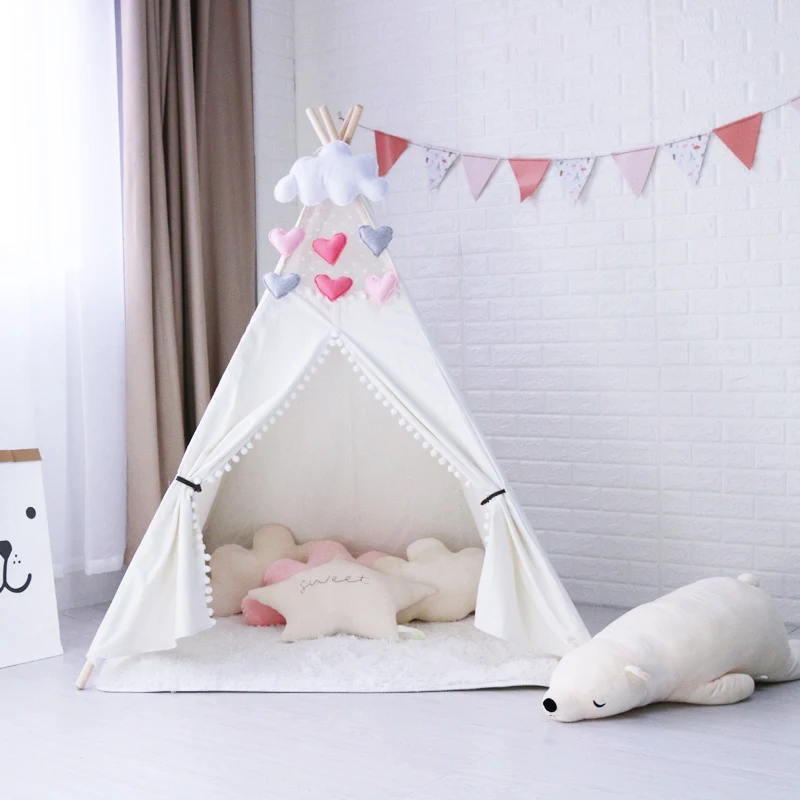 

4-Pole White Canvas Pom Pom Kids Teepee Tent,Childrens Teepee,Play Tent,Kids Tipi Tent,Tepee Tent,Kids Tee Pee,Wigwam for Kids