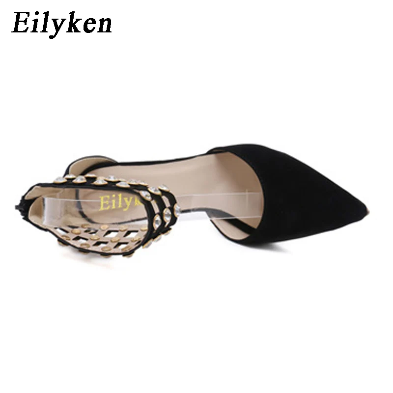 Eilyken Flock Crystal Gladiator Women Pumps Fashion Zipper Pointed Toe High Heels Lady Shoes Thin Heels Chaussure Femme Black