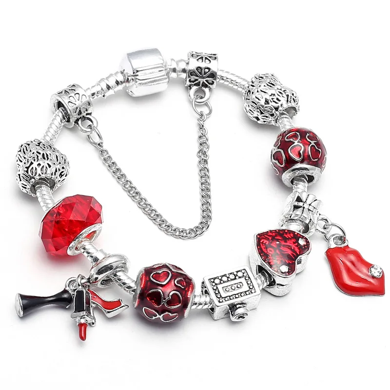 

Authentic Silver Color Romantic Heart Beads Charm Bracelets & Bangles for Women Couple Fit Fine Bracelet Valentine's Day Gift
