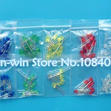 100 шт./лот, 3 мм, 5 мм, набор светодиодных ламп смешанных цветов, красный, зеленый, желтый, синий, белый, светоизлучающие 3 мм, 5 мм, 5 цветов, x10 = 100 шт