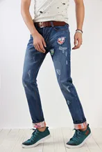 Wholesale retail new Fashion hole ripped skinny jeans Frayed Men straight slim denim ripped straight Slim