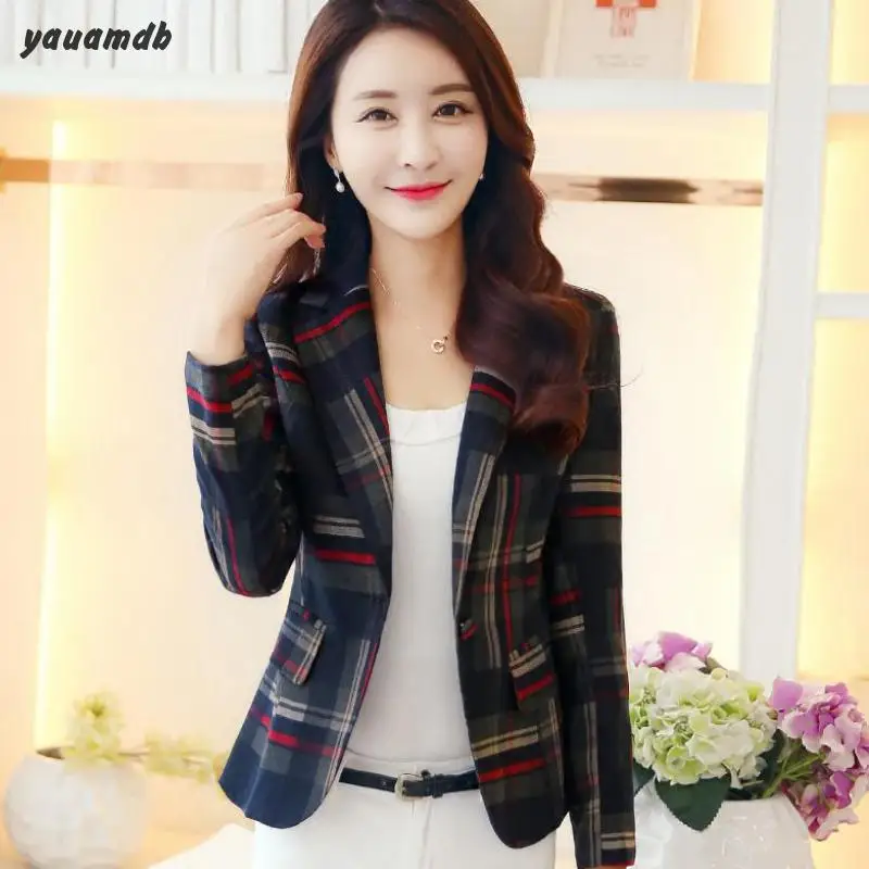 women blazer 2017 spring autumn female cotton suits Plaid
