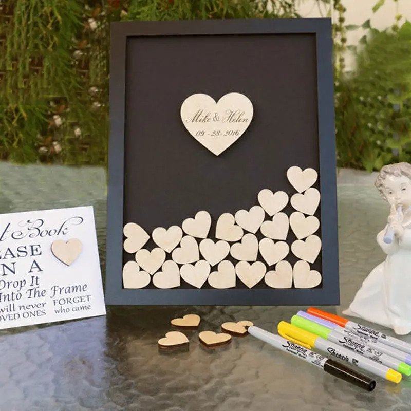 

Guest Book Wedding Wooden with Hearts Personalized Guest Book Drop Box Frame Calligraphy Wedding Guestbook Custom Name and Date