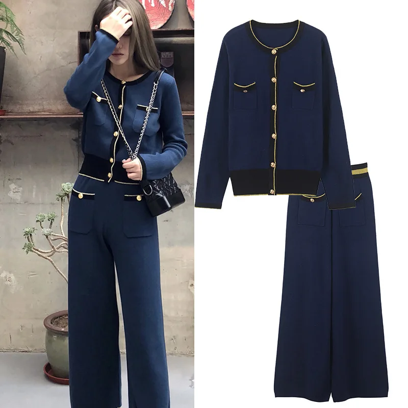 تقع 2019 جديد نوع من محبوك دعوى عالية الخصر طويل الأكمام الذهب سترة مشغولة من الصوف + بنطلون مستقيم اثنين قطعة دعوى النساء