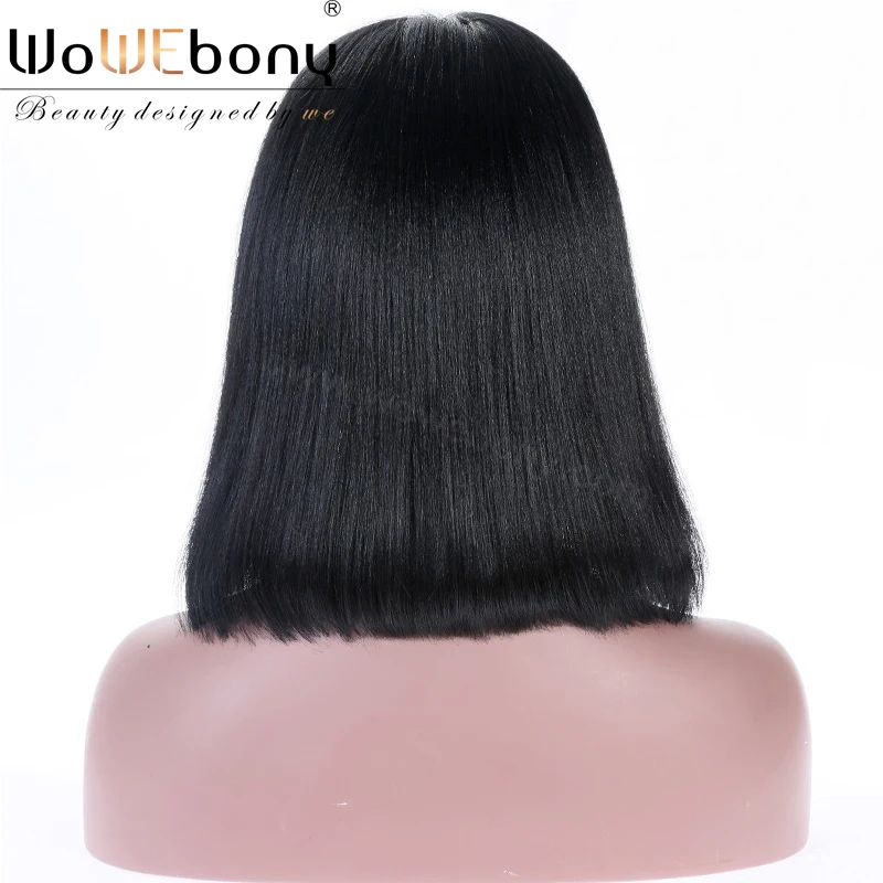 360 Lace Wigs Short Bob Wig with Bangs Yaki Straight for Black Women 4.5 inch Pre Plucked Brazilian Remy Bleached Knots