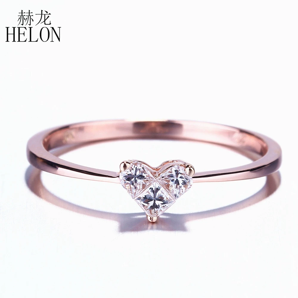 Helon сердце Форма три природных si/h алмазы SOLID 14 К розового золота Обручение Свадебные Для женщин Jewelry Кольцо невидимый Установка