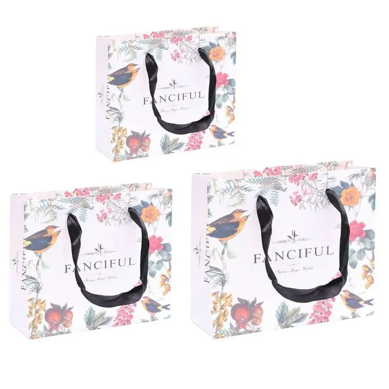 

Birds Floral Print Paper Gift Bag with Handle Clothes Present Package Decor