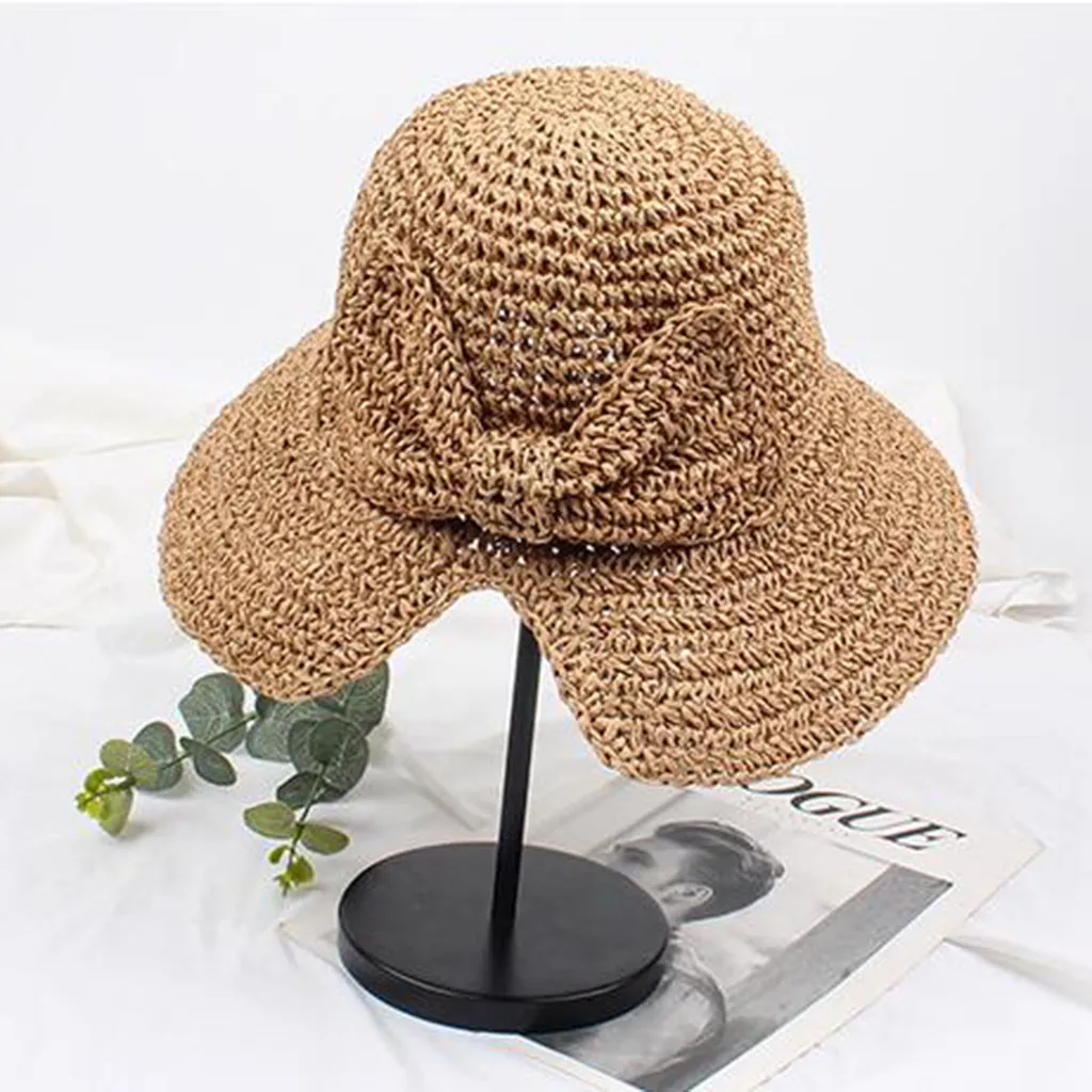 السيدات الصيف خفيفة الوزن تنفس قبعات الشمس 1x النساء Bowknot سترو قبعة شريط مرن طوي نشمر شاطئ كاب قبعة الشمس Z425