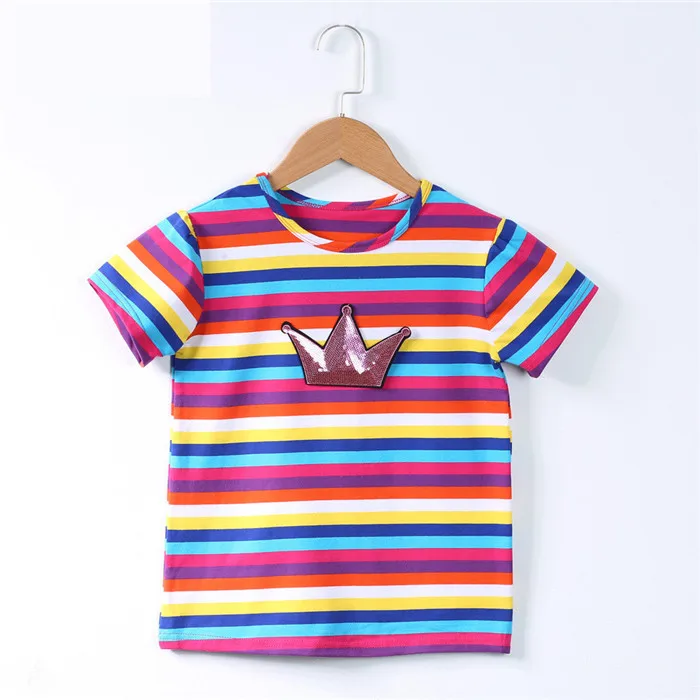  Scsech Children's Summer Rainbow Striped T-Shirt Crown Short Sleeve Cotton Round Neck Baby Boys& Girls Clothes Kids SHR19 (3)