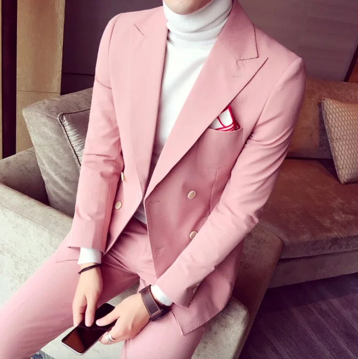2019 Spring Men Suits For Wedding Korean Fashion 3 Pieces Mens Pink Double Breasted Slim Fit Tuxedos (Jacket+Pants+Tie) | Мужская одежда