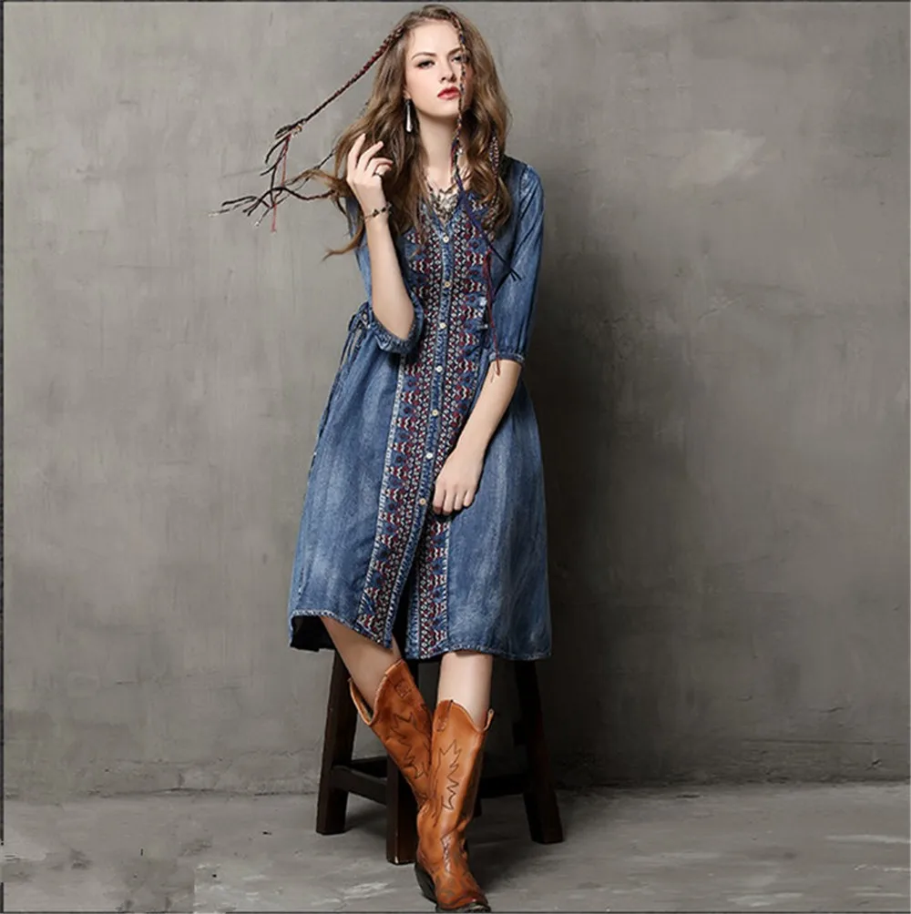 Summer-Fall Cow Vestidos Vintage V-Neck Cotton Dress Half Sleeve A-Line All Match Drawstring Loose Women Embroidery Dresses (11)