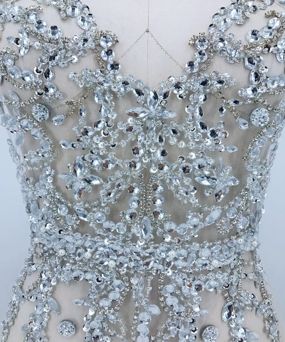 Серебряные Кристаллы ручной работы нашивки отделка пришить блестки стразы аппликация на белой сетке 56*30 см для топа платье юбка