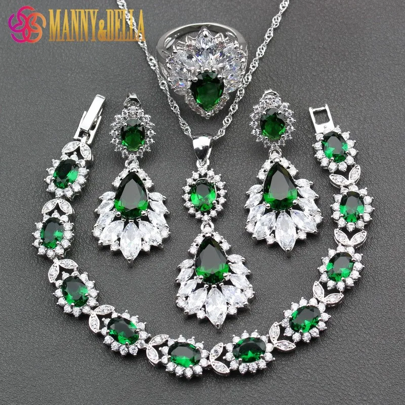 

925 Sterling Silver Women Princess Wedding Jewelry Sets Green Zircon Earrings Ring Necklace Pendant Bracelet Free Gift JS151