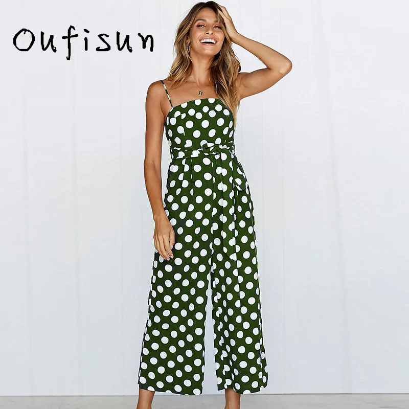 Oufisun Polka Dot Strap Jumpsuit Women Rompers Summer Women Strapless Belted Wide Leg Pants Beach Jumpsuit Casual Overalls Femme Jumpsuits and Playsuits