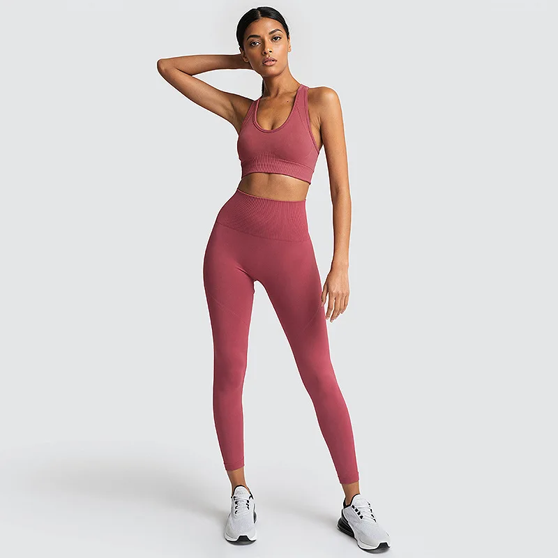 GXQIL, Одноцветный бесшовный комплект для йоги,, спортивная одежда для женщин, сухая, подходит для тренировок, одежда для женщин, пуш-ап, спортивная одежда для женщин, для спортзала, серый, красный - Цвет: 2