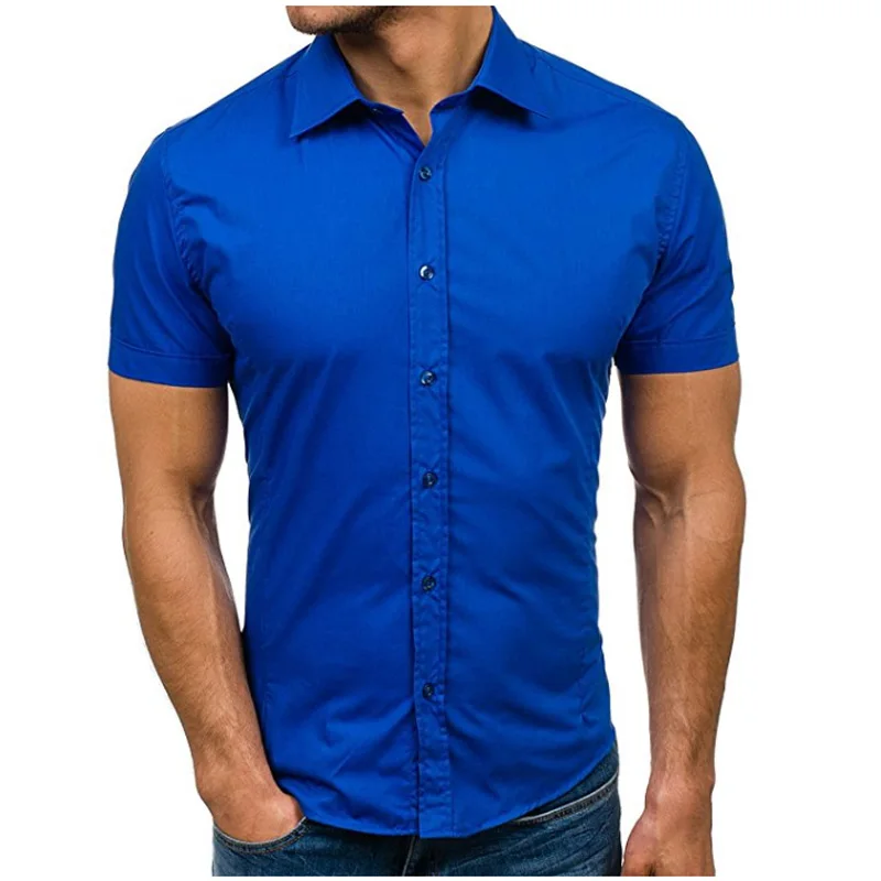 

2019 Summer Fashion Male Shirt Short Sleeves Tops Simple Solid Color Mens Dress Shirts Slim Men Shirt Hawaiian Plus Size