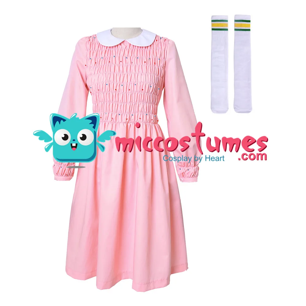 

Stranger Things Eleven Dress Women Girl Pink Long Sleeve Dress Costume