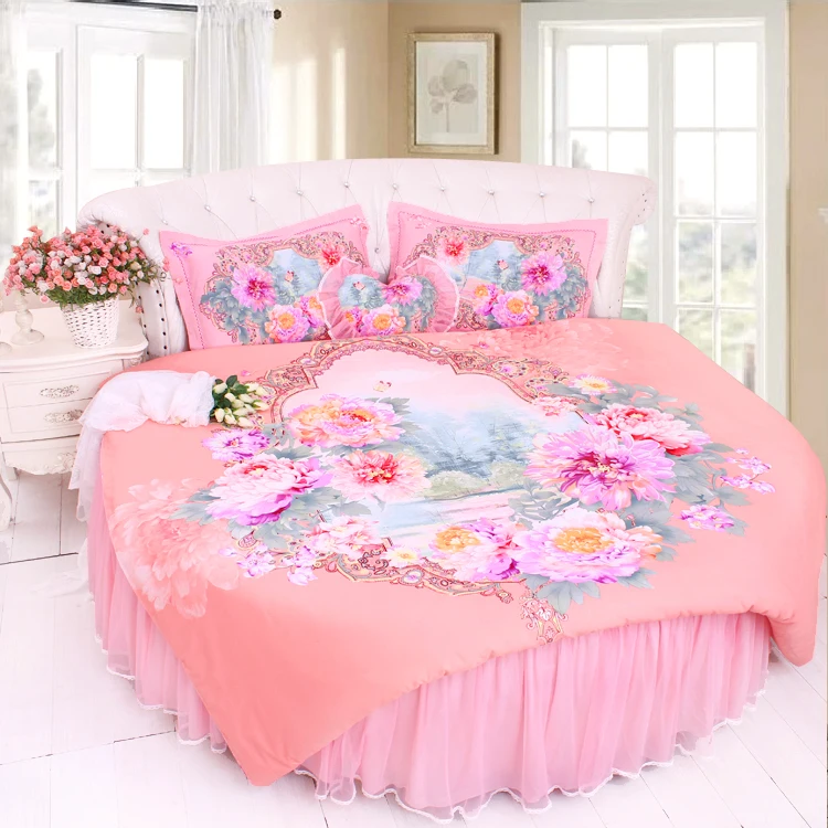 Perfect LACE ROUND Corner Bed Europe Orange color Flower Bedding sets Cotton Round Double Bed sheet Duvet cover Pillow case Bedskirt 0