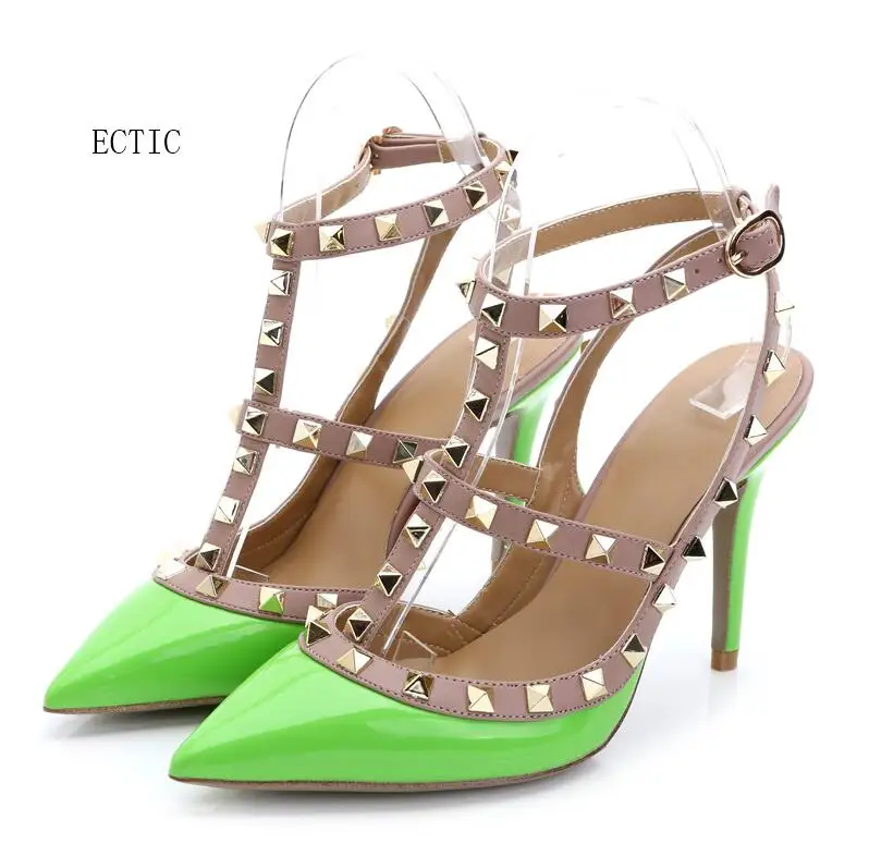 

Green Brand Women Pumps Pointed Toe High Heels Fashion Women Shoes Rivets Pumps Genuine Leather Ankle Strap High Heel Shoes33-43