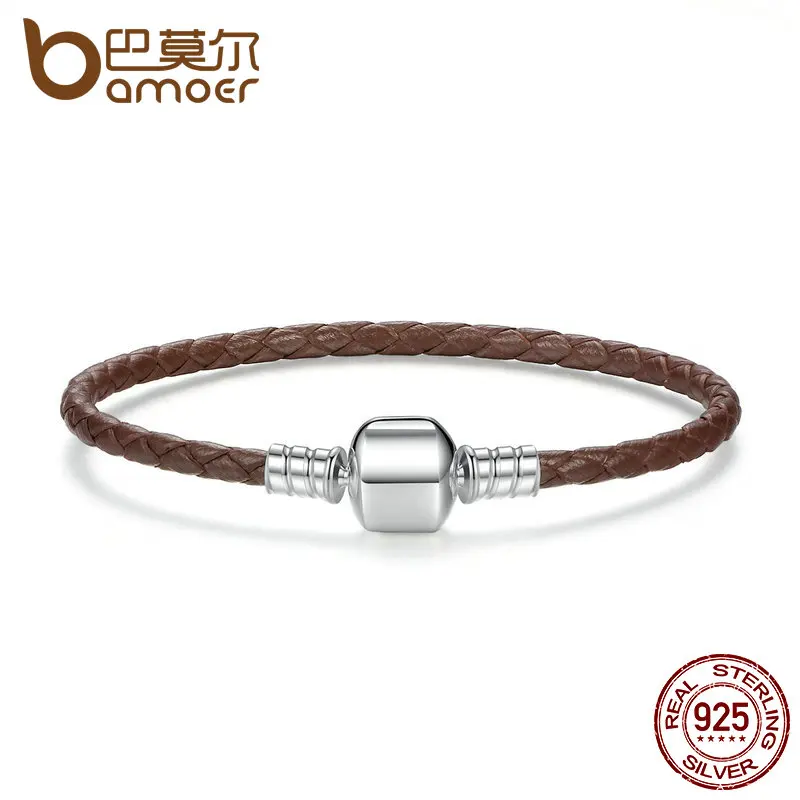 

BAMOER Authentic 925 Sterling Silver Brown Braided Rope Genuine Leather Snake Chain Bracelets for Women Fine Jewelry PAS909