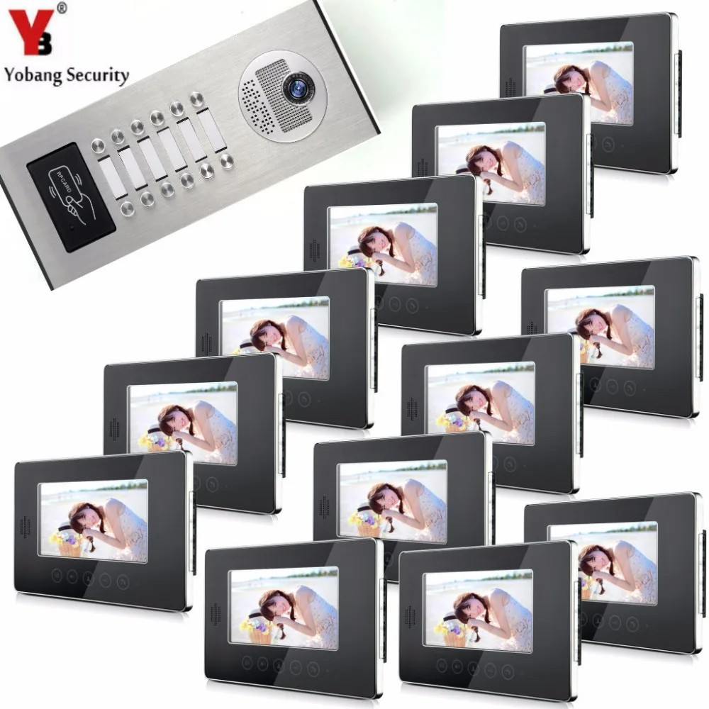 

YobangSecurity Video Door Intercom Entry System 7"Inch Video Door Phone Doorbell Chime RFID Access Control 1 Camera 12 Monitor