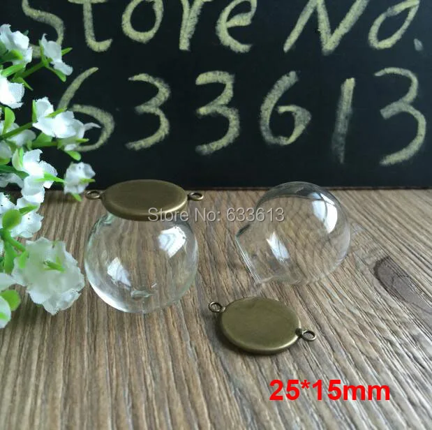 

50sets/lot 25*15mm Glass Globe two loop 16mm bronze Crown Pendant Locket Charm wide opening glass Bottle, glass vials pendeants
