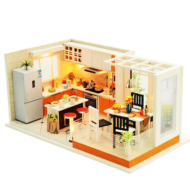 Кукольный дом ручной работы мебель Miniatura Diy кукольные домики миниатюрный кукольный домик кухня деревянные игрушки для детей подарок на день рождения - Цвет: K032 no dust cover