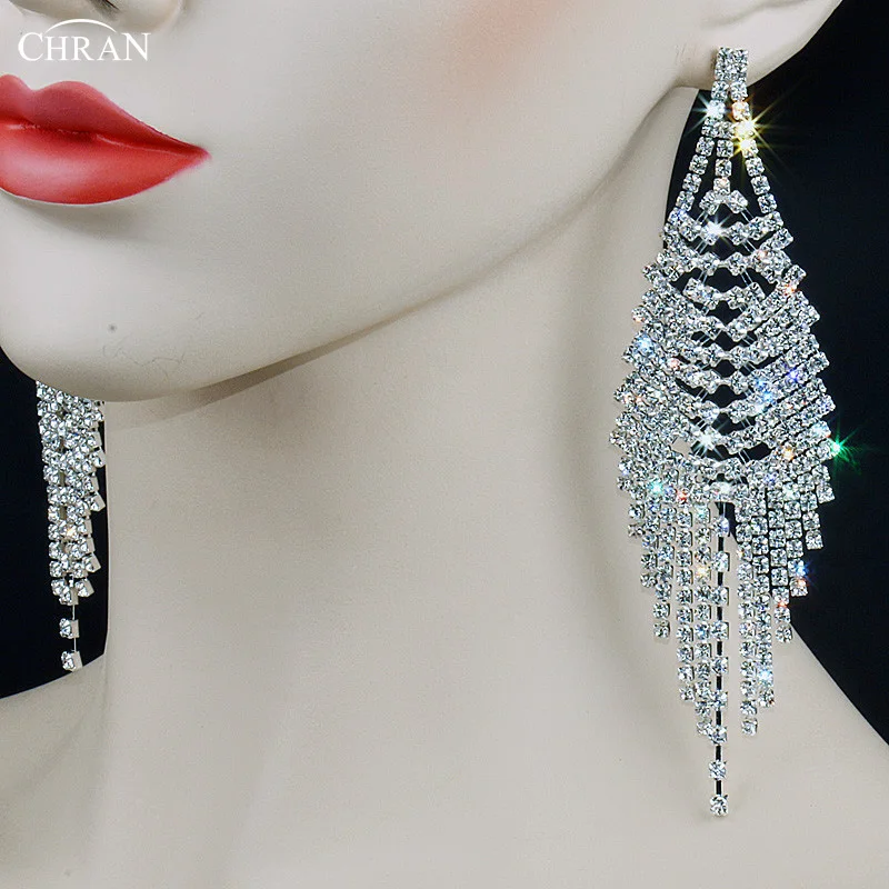 

Chran Sparkling Silver Color Crystal Evening Party Earings Wedding Bridal Long Dangle Chandelier Drop Earrings Jewelry