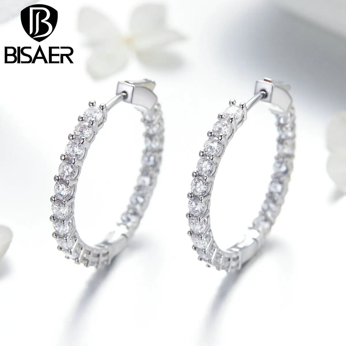 Женские круглые серьги кольца BISAER серебристые сережки с прозрачным фианитом