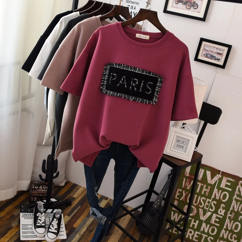 

2019 Funny Woman Thick Cotton Tees Tops Short Sleeve O Neck Letter Casual T Shirts Female Loose Home Top