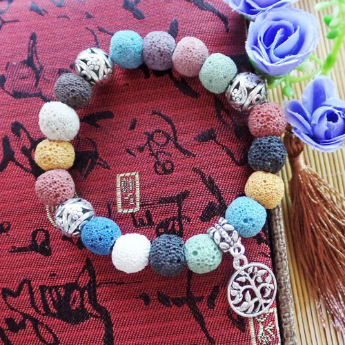 

(1Strand/lot) Tibet Silver & Mixed Volcanic Black Round Stretchy Bracelet 7 inch 10mm Free Shipping Fashion Jewelry ZJ9150