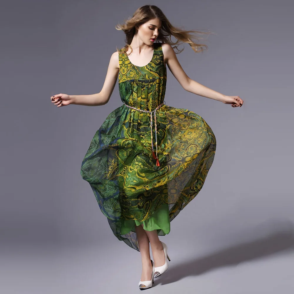 

Silk Long Dress-1456/Floral Print New Spring & Summer Dress/Bohemian Long Dress with Belt